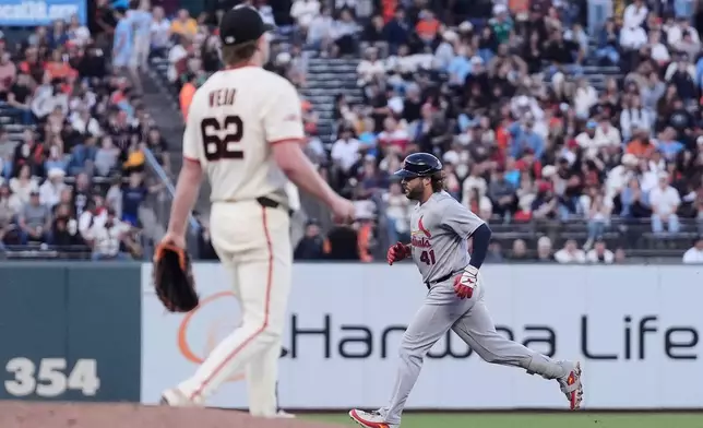 San Francisco Giants pitcher Logan Webb (62) reacts after a home run hit by St. Louis Cardinals' Alec Burleson (41) during the sixth inning of a baseball game, Monday, Sept. 7, 2026, in San Francisco. (AP Photo/Jeff Chiu)