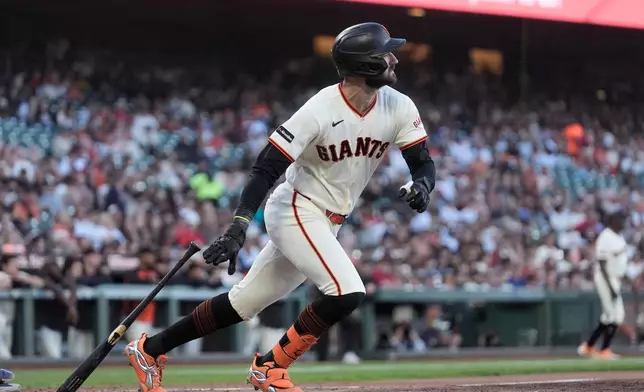 San Francisco Giants' Bryce Eldridge hits an RBI double against the St. Louis Cardinals during the fifth inning of a baseball game, Monday, Sept. 7, 2026, in San Francisco. (AP Photo/Jeff Chiu)