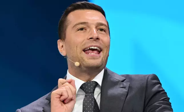 French politician Jordan Bardella, President of National Rally, speaks during the Reform party's annual conference at the National Exhibition Centre in Birmingham, England, Friday, Sept. 4, 2026. (AP Photo/Thomas Krych)