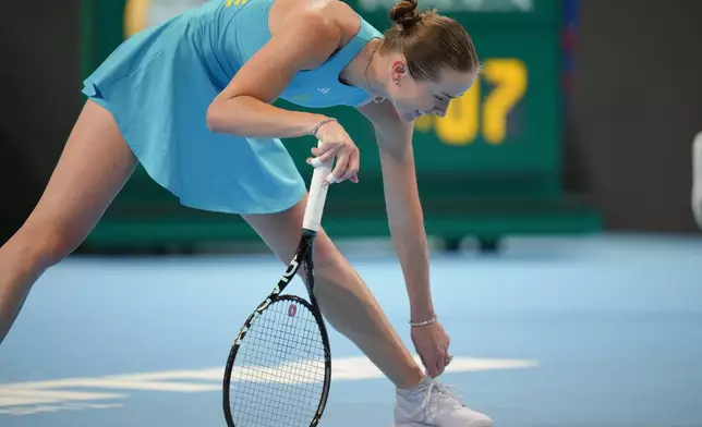 Ukraine's Elina Svitolina reacts during match against Czech Republic's Linda Noskova during the Billie Jean King Cup women's singles final between Ukraine and the Czech Republic, in Shenzhen, China, Sunday, Sept. 27, 2026. (AP Photo/Andy Wong)