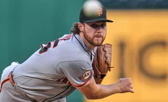 San Francisco Giants pitcher Landen Roupp delivers during the first inning of a baseball game against the Pittsburgh Pirates in Pittsburgh, Wednesday, Sept. 2, 2026. (AP Photo/Gene J. Puskar)