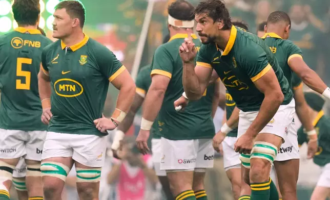 FILE - South Africa's Eben Etzebeth goes out on the field for a rugby championship test match against Argentina at Mbombela stadium in Nelspruit, South Africa, Sept. 28, 2024. (AP Photo/Themba Hadebe, File)