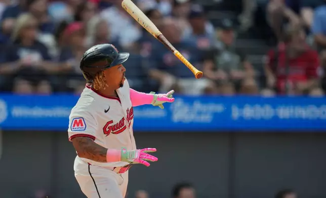 José Ramírez watches his double in the sixth inning of a baseball game against the Chicago White Sox in Cleveland, Wednesday, Sept. 16, 2026. (AP Photo/Sue Ogrocki)