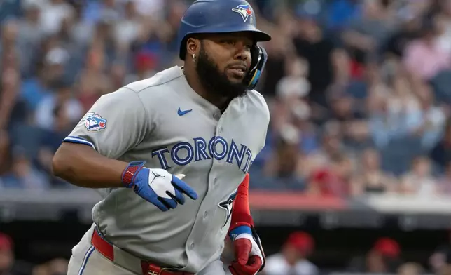 Toronto Blue Jays' Vladimir Guerrero Jr. heads to first base after hitting a three-run home run off Cleveland Guardians starting pitcher Joey Cantillo during the second inning of a baseball game, Wednesday, Sep. 2, 2026, in Cleveland. (AP Photo/Phil Long)