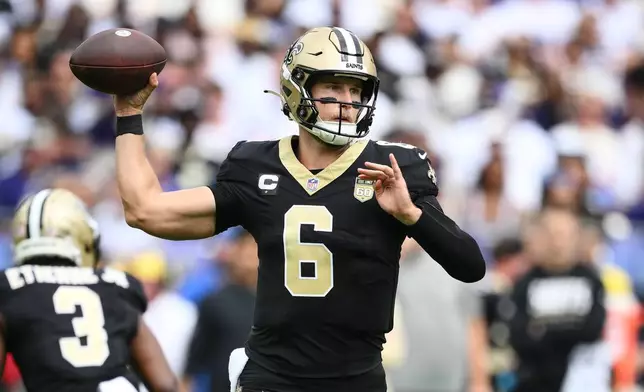 New Orleans Saints quarterback Tyler Shough (6) passes against the Baltimore Ravens in the first half of an NFL football game in Baltimore, Sunday, Sept. 20, 2026. (AP Photo/Nick Wass)
