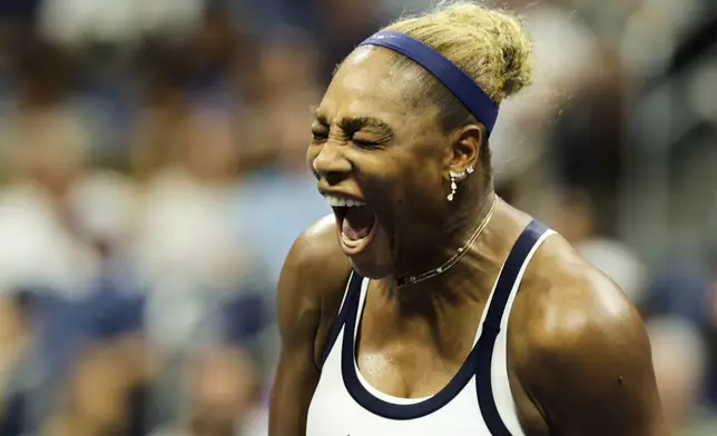 Serena Williams, of the United States, celebrates after a point as she plays a women's doubles match with partner Venus Williams against Hao-Ching Chan, of Taiwan, and Maya Joint, at the U.S. Open tennis championships, Friday, Sept. 4, 2026, in New York. (AP Photo/Adam Hunger)
