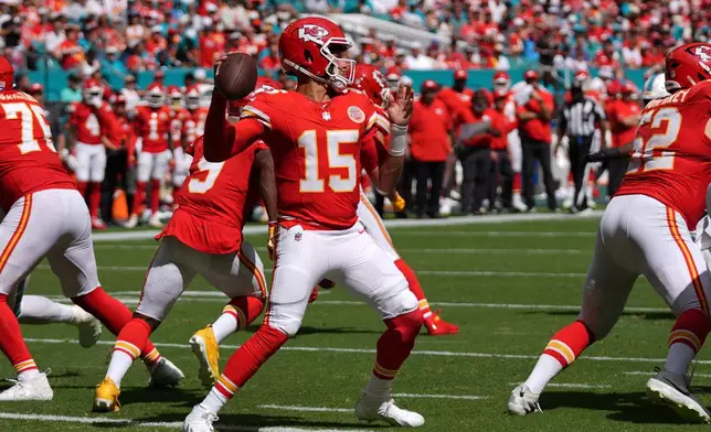 Kansas City Chiefs quarterback Patrick Mahomes (15) looks to throw the ball during an NFL football game against the Miami Dolphins, Sunday, Sept. 27, 2026, in Miami Gardens. (AP Photo/Lynne Sladky)
