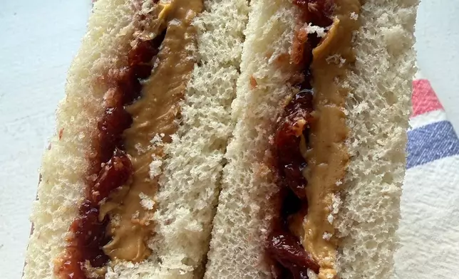 A peanut butter and jelly sandwich is photographed in New York in August 2026. (Katie Workman via AP)