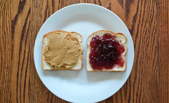 A peanut butter and jelly sandwich, as photographed in Harahan, La., Thursday, Aug. 13, 2026. (AP Photo/Gerald Herbert)