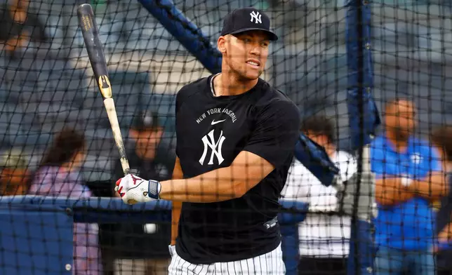 Aaron Judge practices batting before a baseball game against the Colorado Rockies, Tuesday, Sept. 8, 2026, in New York. (AP Photo/Noah K. Murray)