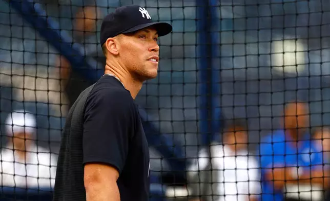Aaron Judge practices batting before a baseball game against the Colorado Rockies, Tuesday, Sept. 8, 2026, in New York. (AP Photo/Noah K. Murray)