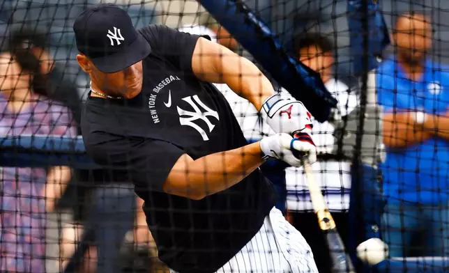 Aaron Judge practices batting before a baseball game against the Colorado Rockies, Tuesday, Sept. 8, 2026, in New York. (AP Photo/Noah K. Murray)