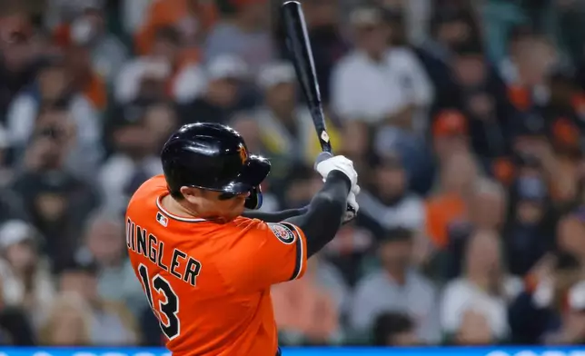 Detroit Tigers' Dillon Dingler singles to drive in two runs against the Pittsburgh Pirates during the fourth inning of a baseball game Friday, Sept. 25, 2026, in Detroit. (AP Photo/Duane Burleson)