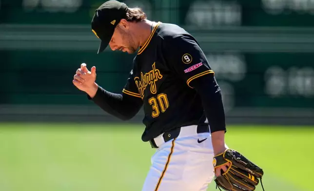 Pittsburgh Pirates pitcher Paul Skenes collects himself on the mound after giving up a solo home run to St. Louis Cardinals' Alec Burleson during the first inning of a baseball game in Pittsburgh, Thursday, Sept. 24, 2026. (AP Photo/Gene J. Puskar)