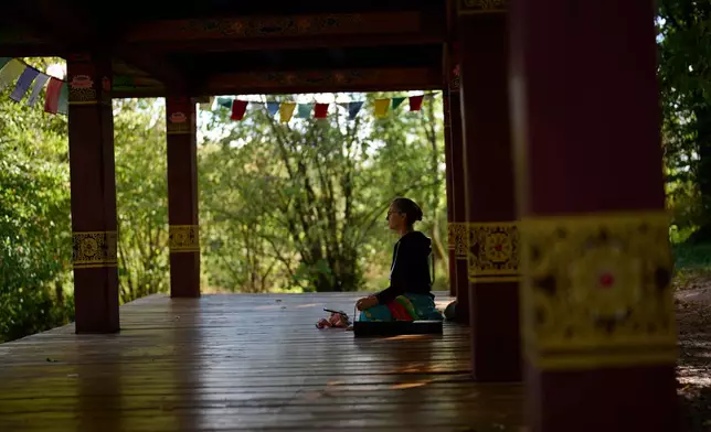 Tetyana Shevchenko meditates in the botanical gardens during an air raid alarm in Kyiv, Wednesday, Sept. 2, 2026. (AP Photo/Francisco Seco)