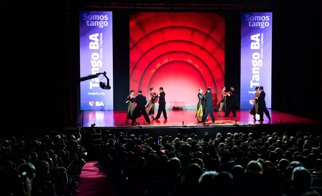 Dancers perform during an exhibition at the Tango World Championship in Buenos Aires, Argentina, Wednesday, Sept. 2, 2026. (AP Photo/Rodrigo Abd)