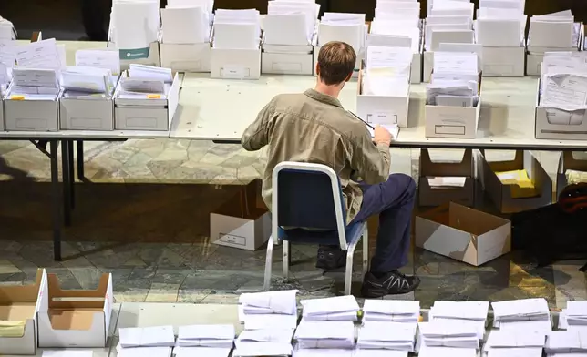 An election worker counts early votes and overseas votes in Stockholm City Hall, in Stockholm, Sweden, Wednesday, Sept. 16, 2026. (Christine Olsson/TT News Agency via AP)