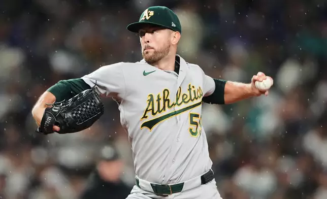 Athletics starting pitcher Jeffrey Springs throws against the Seattle Mariners during the fifth inning of a baseball game, Saturday, Sept. 5, 2026, in Seattle. (AP Photo/Lindsey Wasson)