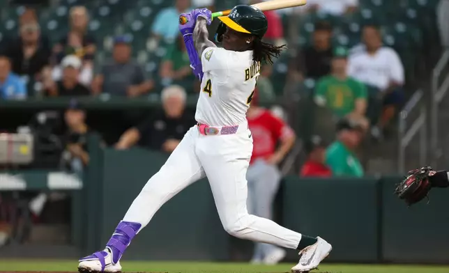 Athletics' Lawrence Butler hits an RBI single during the first inning of a baseball game against the Los Angeles Angels Wednesday, Sept. 23, 2026, in West Sacramento, Calif. (AP Photo/Scott Marshall)