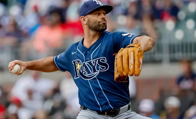 Tampa Bay Rays pitcher Nick Martinez delivers to an Atlanta Braves batter during the first inning of a baseball game, Thursday, Sept. 10, 2026, in Atlanta. (AP Photo/Erik S. Lesser)