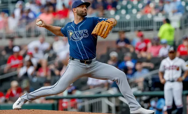 Tampa Bay Rays pitcher Nick Martinez delivers to an Atlanta Braves batter during the first inning of a baseball game, Thursday, Sept. 10, 2026, in Atlanta. (AP Photo/Erik S. Lesser)