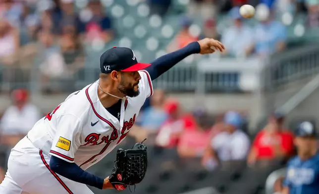 Atlanta Braves pitcher Martín Pérez delivers to a Tampa Bay Rays batter during the first inning of a baseball game, Thursday, Sept. 10, 2026, in Atlanta. (AP Photo/Erik S. Lesser)