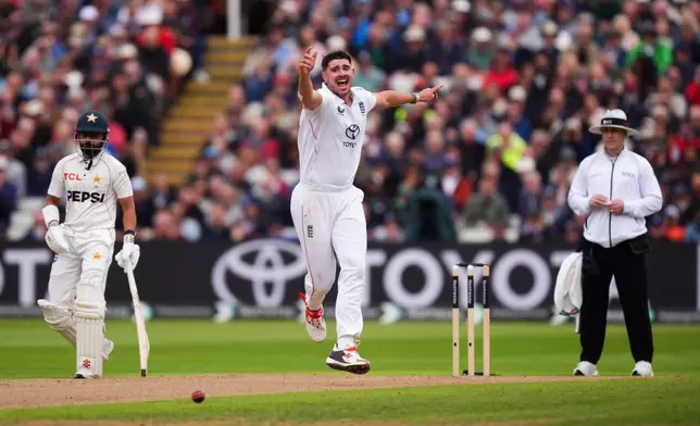 England's Josh Tongue appeals unsuccessfully, during day one of the third cricket test match between England and Pakistan, at Edgbaston, in Birmingham, England, Wednesday, Sept. 9, 2026. (Mike Egerton/PA via AP)