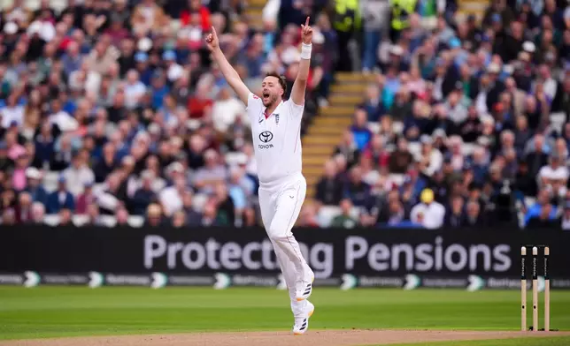 England's Ollie Robinson appeals, during day one of the third cricket test match between England and Pakistan, at Edgbaston, in Birmingham, England, Wednesday, Sept. 9, 2026. (Mike Egerton/PA via AP)
