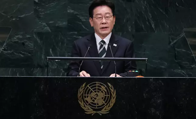 South Korean President Lee Jae Myung addresses the 81st session of the United Nations General Assembly at U.N. headquarters Tuesday, Sept. 22, 2026. (AP Photo/Frank Franklin II)