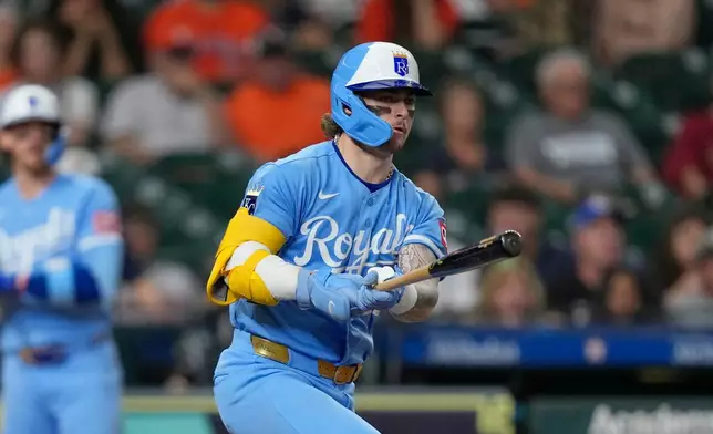 Kansas City Royals' Carter Jensen hits a two-run double against the Houston Astros during the eighth inning of a baseball game Wednesday, Sept. 16, 2026, in Houston. (AP Photo/David J. Phillip)