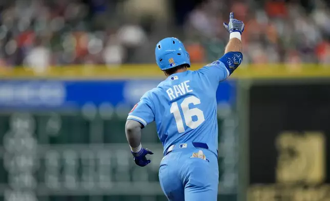 Kansas City Royals' John Rave celebrates after hitting a two-run home run against the Houston Astros during the fourth inning of a baseball game Wednesday, Sept. 16, 2026, in Houston. (AP Photo/David J. Phillip)