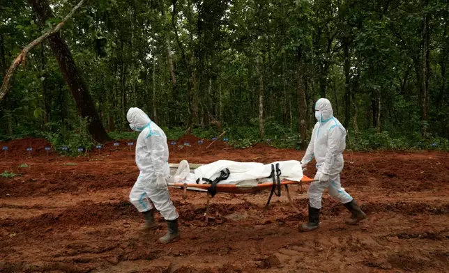 Nepal's paramilitary force personnel carry the body of a flash flood victim for burial at a mass burial site in Chitwan, Nepal, Monday, Aug. 31, 2026. (AP Photo/Dar Yasin)