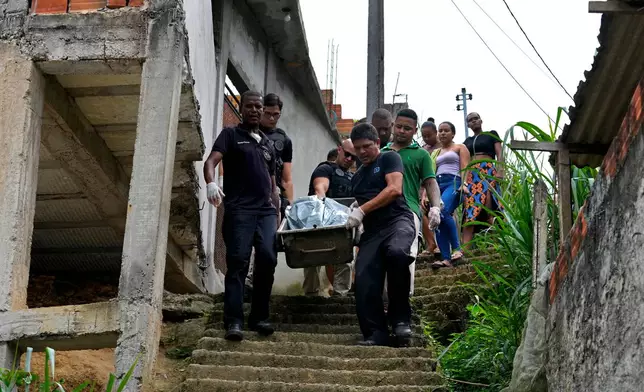 Forensic workers carry the body of a person killed during clashes between rival criminal gangs as the victim's relatives follow in the Jardim Esperanca neighborhood on the outskirts of Salvador, Bahia state, Brazil, Friday, Aug. 28, 2026. (AP Photo/Eraldo Peres)