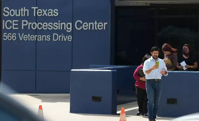 U.S. Rep. Greg Casar and members of his staff leave the South Texas ICE Processing Center where he visited with Wilber Rafael Garces Perez, a Venezuelan man shot by an ICE officer, in Pearsall, Texas, Wednesday, Sept. 23, 2026. (AP Photo/Eric Gay)