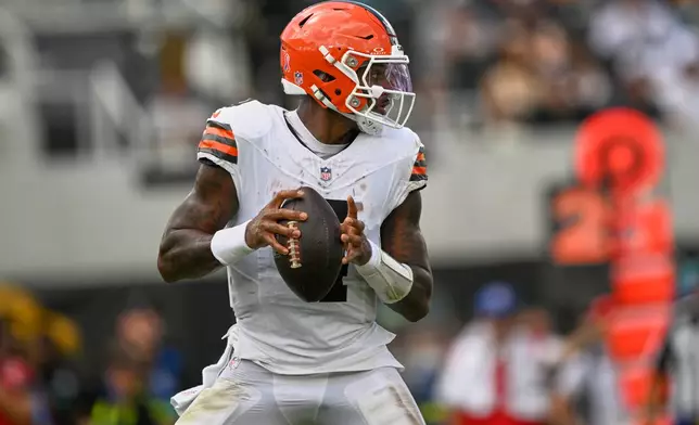 Cleveland Browns quarterback Deshaun Watson (4) passes in the second half of an NFL football game against the Jacksonville Jaguars, Sunday, Sept. 13, 2026, in Jacksonville. (AP Photo/Phelan M. Ebenhack)