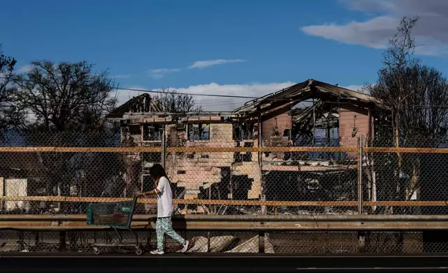 FILE - A person pushes a cart along the Honoapi'ilani Highway past homes destroyed by a recent wildfire in Lahaina, Hawaii, Aug. 21, 2023. (AP Photo/Jae C. Hong, File)
