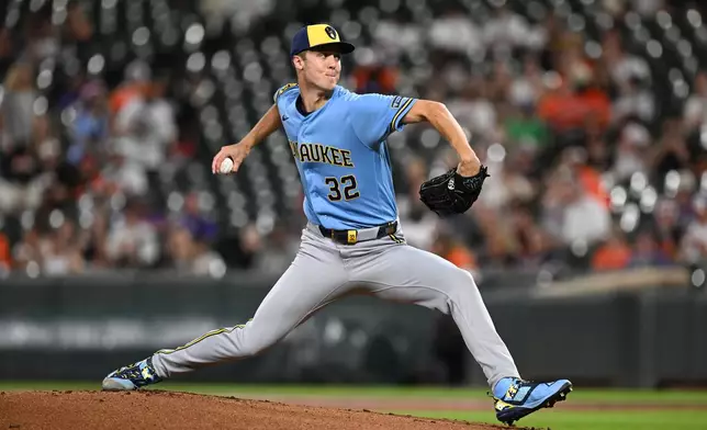 Milwaukee Brewers pitcher Jacob Misiorowski (32) delivers a pitch against the Baltimore Orioles in the first inning of a baseball game, Sunday, Sept. 20, 2026, in Baltimore. (AP Photo/Gail Burton)