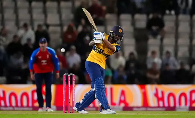 Sri Lanka's Kamil Mishara bats during the first IT20 match between England and Sri Lanka in Southampton, England, Tuesday Sept. 15, 2026. (John Walton/PA via AP)