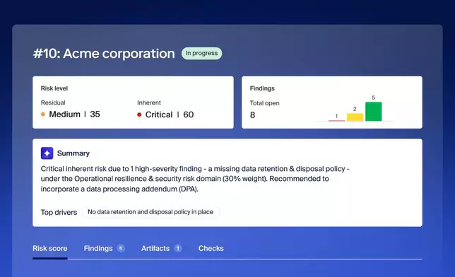 Since launching in 2025, AI Risk Orchestration customers — including companies like Mutual of Omaha, Stripe, Affirm, Rivian, Metro Bank, and Checkout.com — have been able to achieve 85% faster cycle times, 98% portal completion rates, and 2x supplier risk coverage, while also cutting manual review work by up to 90%.