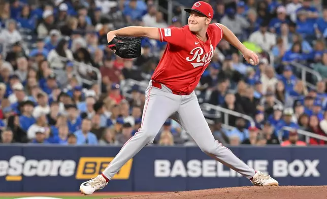 Cincinnati Reds starting pitcher Nick Lodolo throws to a Toronto Blue Jays batter during the first inning of a baseball game in Toronto, Friday, Sept. 25, 2026. (Jon Blacker/The Canadian Press via AP)