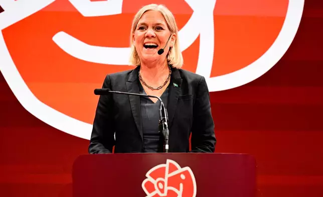 Social Democrats party leader Magdalena Andersson speaks during the Social Democrats' election night watch party, Sunday, Sept. 13, 2026, in Stockholm. (Jonas Ekströmer/TT News Agency via AP)