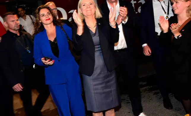 Social Democrats party leader Magdalena Andersson arrives at the party's election watch night in Stockholm, Sweden, Sunday, Sept. 13, 2026. (Jonas Ekstroemer/TT News Agency via AP)