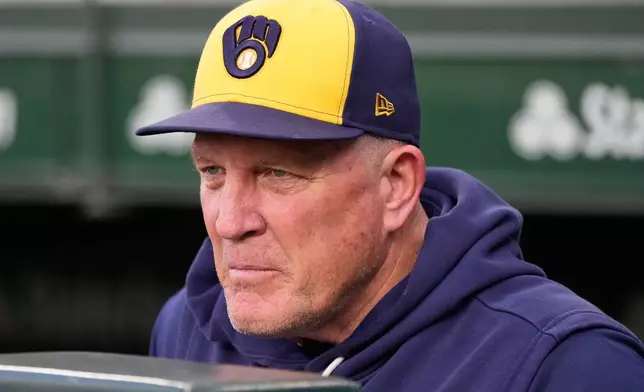 Milwaukee Brewers manager Pat Murphy looks to the field before a baseball game against the Chicago Cubs in Chicago, Wednesday, Sept. 2, 2026. (AP Photo/Nam Y. Huh)