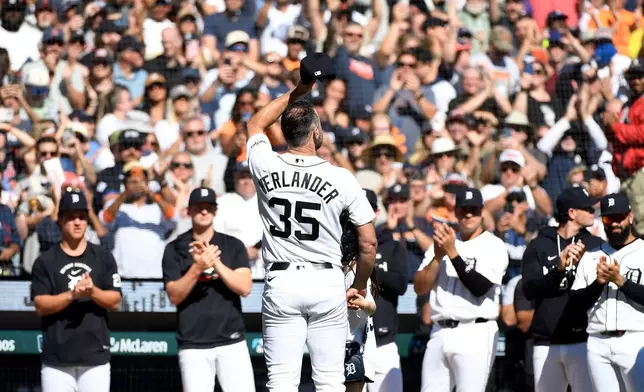 Detroit Tigers starting pitcher Justin Verlander (35) acknowledges the crowd after being taken out of the game during the sixth inning of a baseball game against the Pittsburgh Pirates, Saturday, Sept. 26, 2026, in Detroit. (AP Photo/Jose Juarez)