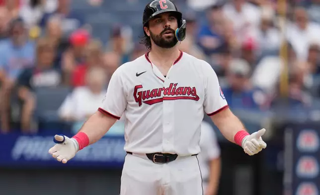 Cleveland Guardians' Austin Hedges gestures after striking out in the second inning of a baseball game against the Chicago White Sox in Cleveland, Wednesday, Sept. 16, 2026. (AP Photo/Sue Ogrocki)