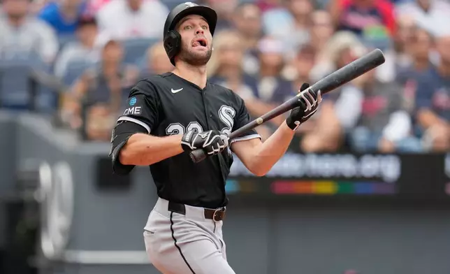 Chicago White Sox's Tristan Peters watches as his pop foul is caught for an out in the third inning of a baseball game in Cleveland, Wednesday, Sept. 16, 2026. (AP Photo/Sue Ogrocki)
