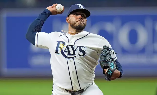 Tampa Bay Rays pitcher Freddy Peralta delibers to the New York Mets during the first inning of a baseball game Tuesday, Sept. 1, 2026, in St. Petersburg, Fla. (AP Photo/Chris O'Meara)