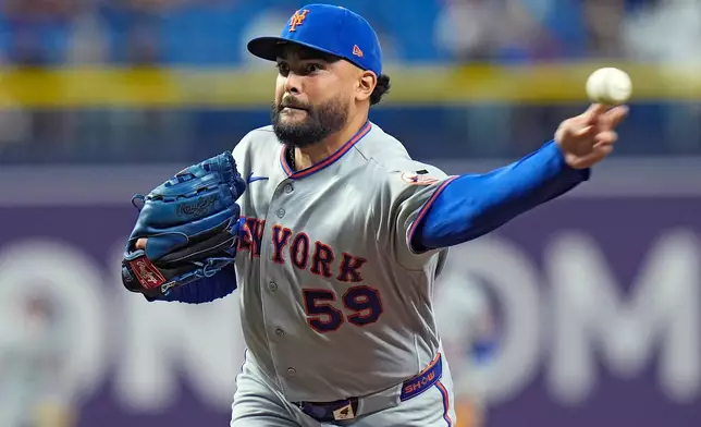 New York Mets pitcher Sean Manaea delivers to the Tampa Bay Rays during the first inning of a baseball game Tuesday, Sept. 1, 2026, in St. Petersburg, Fla. (AP Photo/Chris O'Meara)
