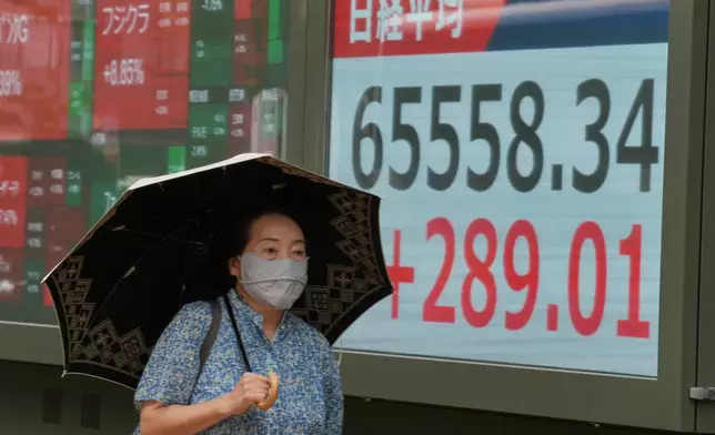 A person walks in front of an electronic stock board showing Japan's Nikkei index at a securities firm Wednesday, Sept. 9, 2026, in Tokyo. (AP Photo/Eugene Hoshiko)