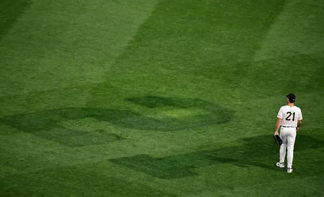 Pittsburgh Pirates right fielder Ryan O'Hearn stands in the field during the third inning of a baseball game against the Milwaukee Brewers, Tuesday, Sept. 15, 2026, in Pittsburgh. (AP Photo/David Dermer)